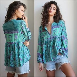 Spell x Free People Turquoise Portobello Road Blouse Blue XS
